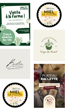 Exemples de supports de communication : affiche marché, étiquette miel, logos cidre et verger, plateau raclette fromagerie